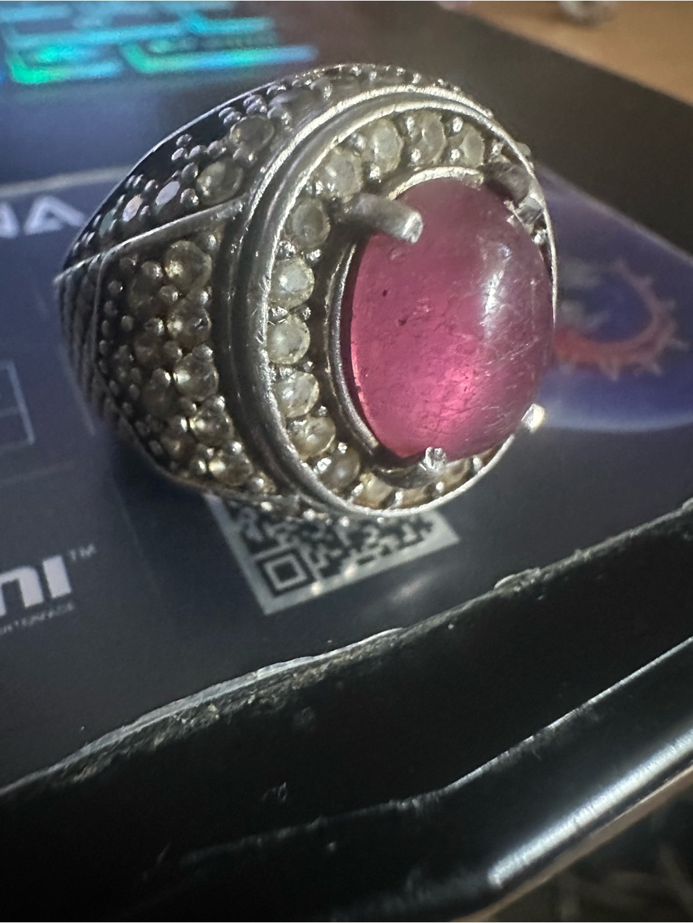 Men's Silver 925 stamped Ring with Red Natural Ruby Cabochon Center Stone & cz’s